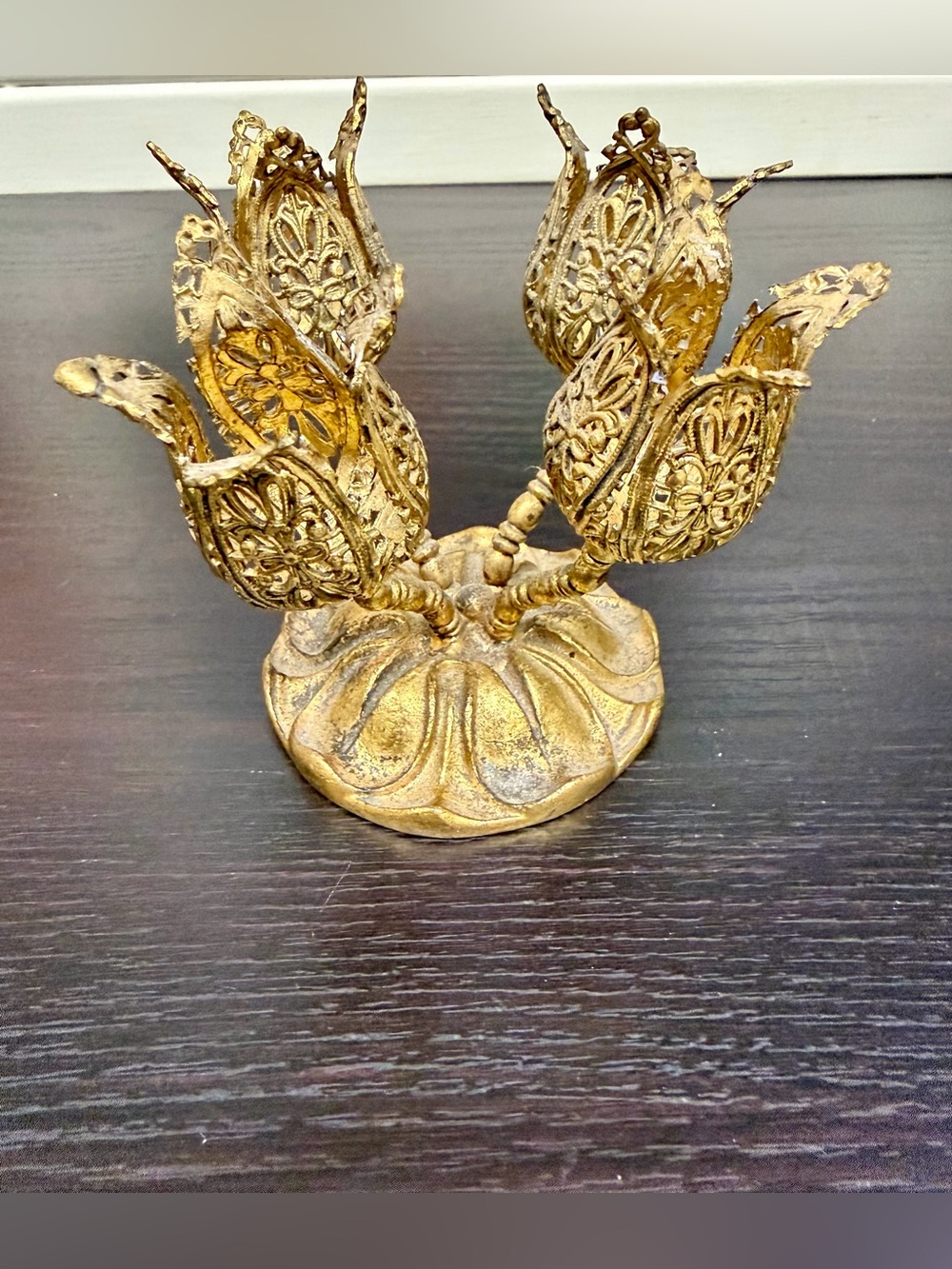 Vintage Filigree Four Tulips Gold Tone Lipstick Holder Brass